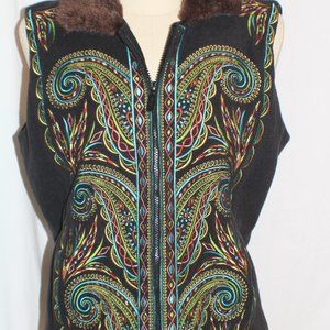 Bob Mackie Embroidered Wearable Art Vest Faux Collar Medium